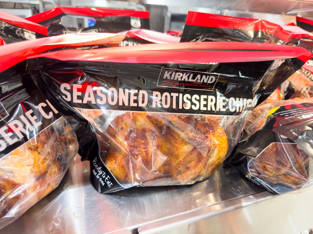 Los Angeles, CA - September 25, 2024: Costco warehouse rotisserie chicken in a bag on display at local club.
