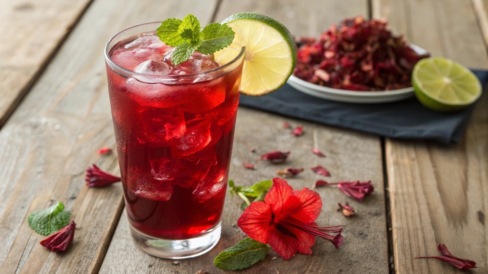A tall glass of vibrant red hibiscus tea with ice, lime, and mint sits on a rustic wooden surface with scattered hibiscus petals