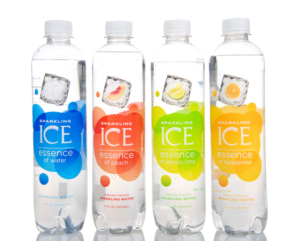 Alameda, CA - January 29, 2017: Four 17 FL OZ bottle of Sparkling Ice brand naturally flavored Sparkling Water. Peach, lemon lime, tangerine and essence of water