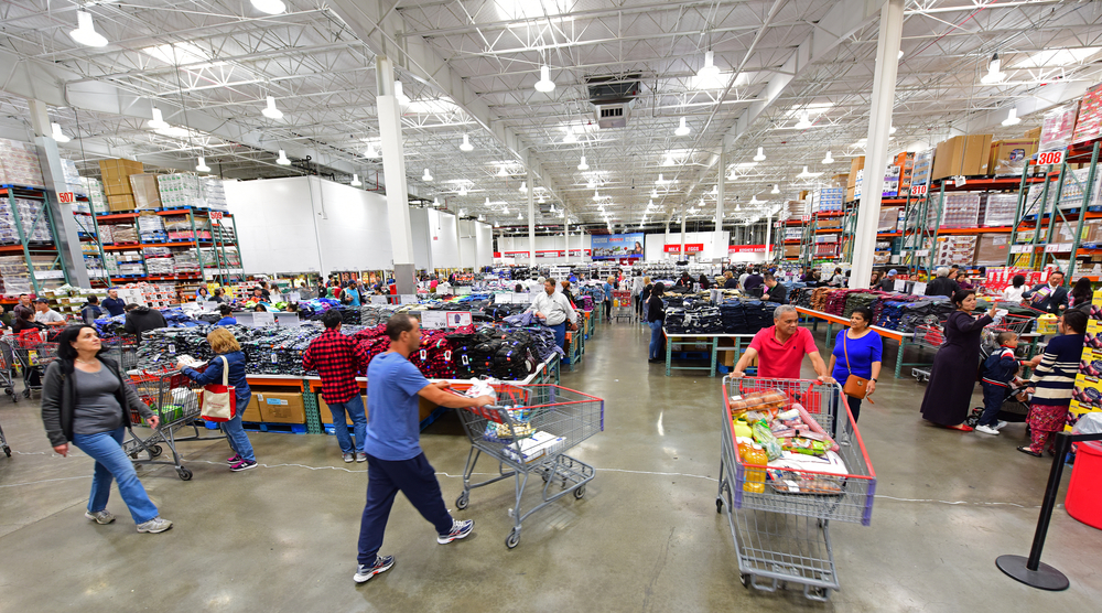 NEW YORK CITY - SEPTEMBER 30 2017: Costco stores joined other national retailers in offering an emergency survival kit for $1000.00 with supplies set to last up to 25 years. Interior of Brooklyn Costco
