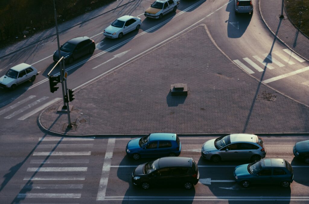 top view of assorted-color vehicles
