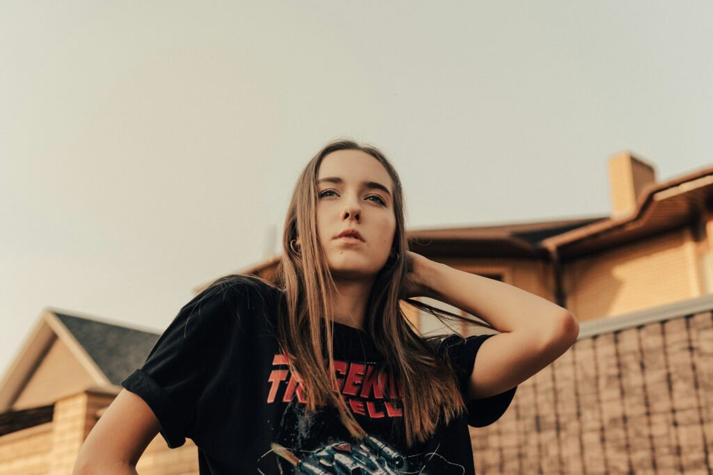 woman in black crew neck t-shirt
