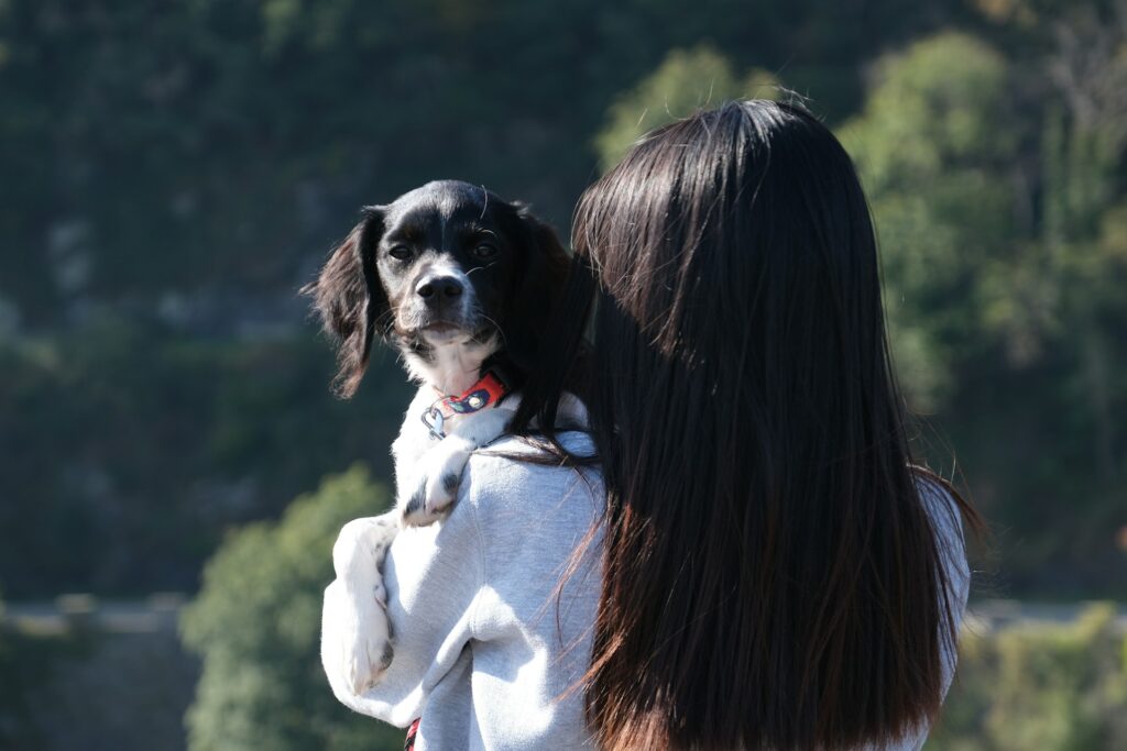 a woman holding a dog in her arms
