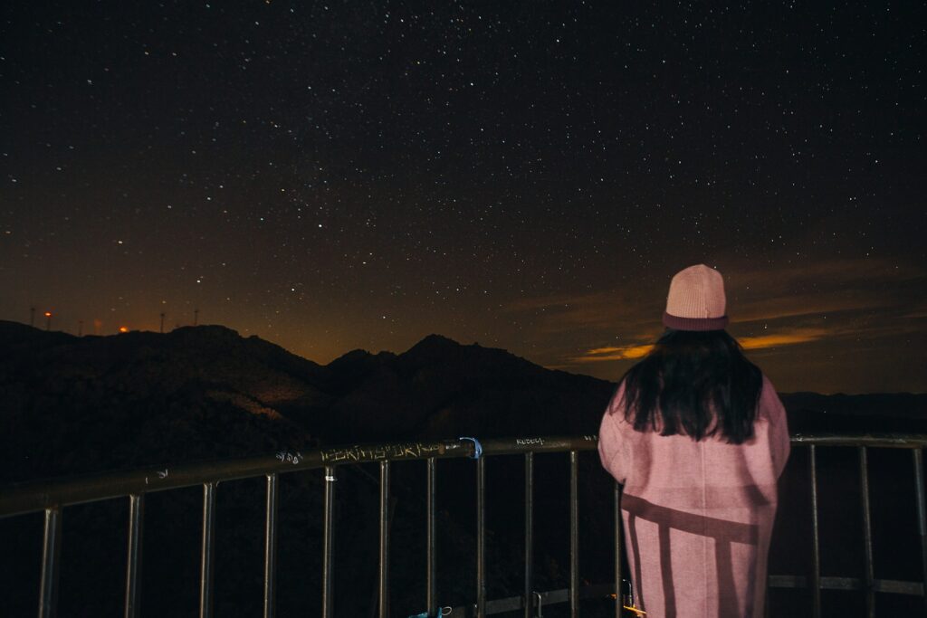 person in black jacket standing near railings during night time
