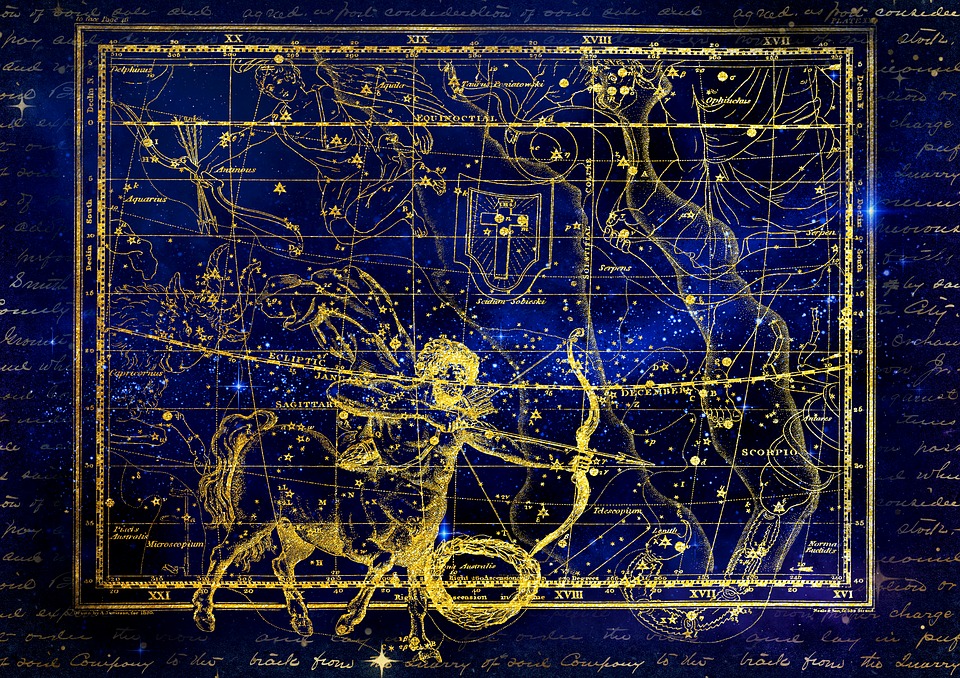 a vintage-style celestial map featuring constellations, prominently highlighting the Sagittarius constellation.