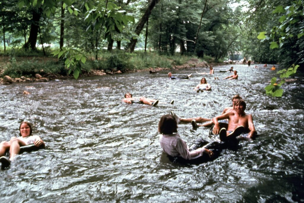 a group of people swimming in a river
