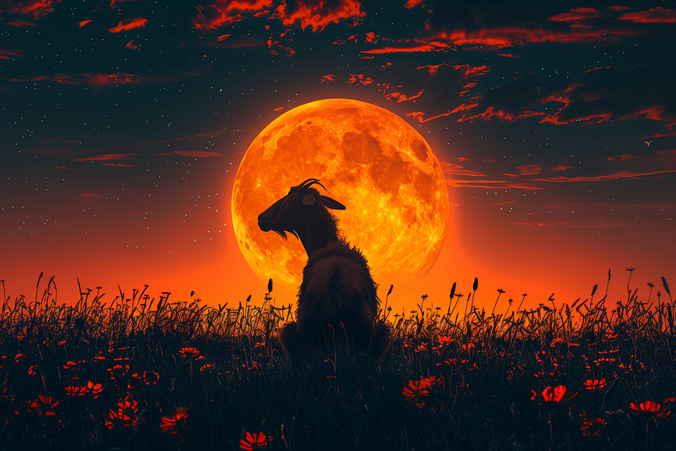 a silhouetted ram, the symbol of the zodiac sign Aries, against a vibrant sunset or moonrise with a large, glowing celestial body in the background, likely representing the Sun or a full moon.