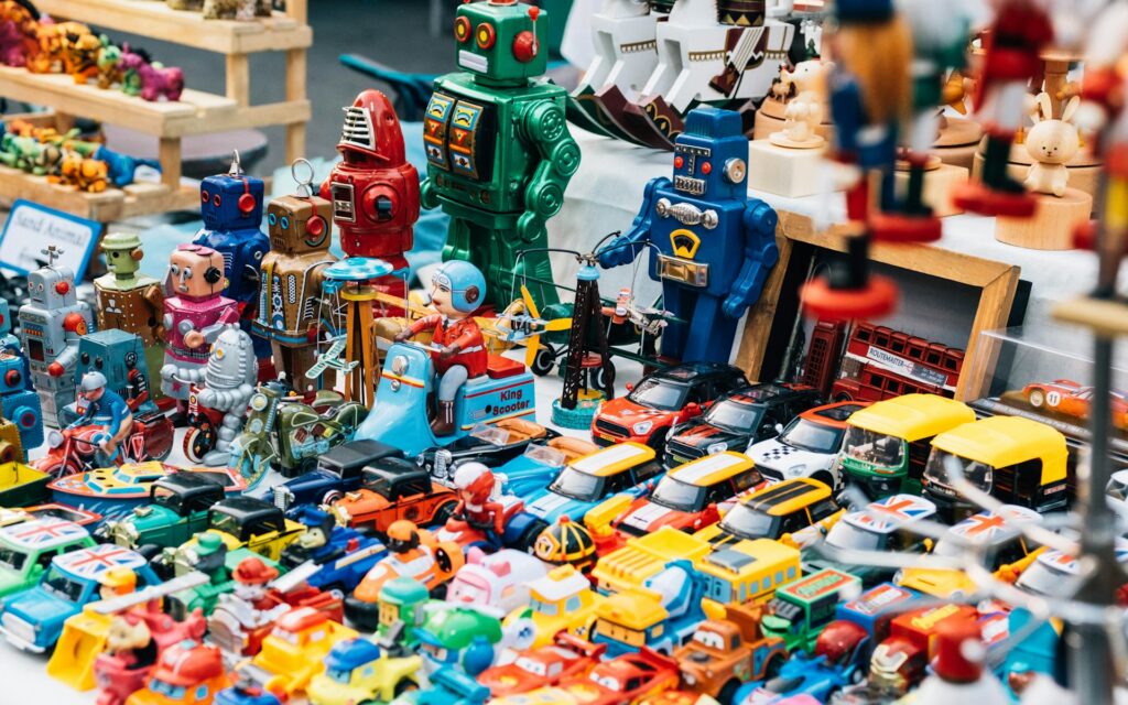 assorted-colored toys on table
