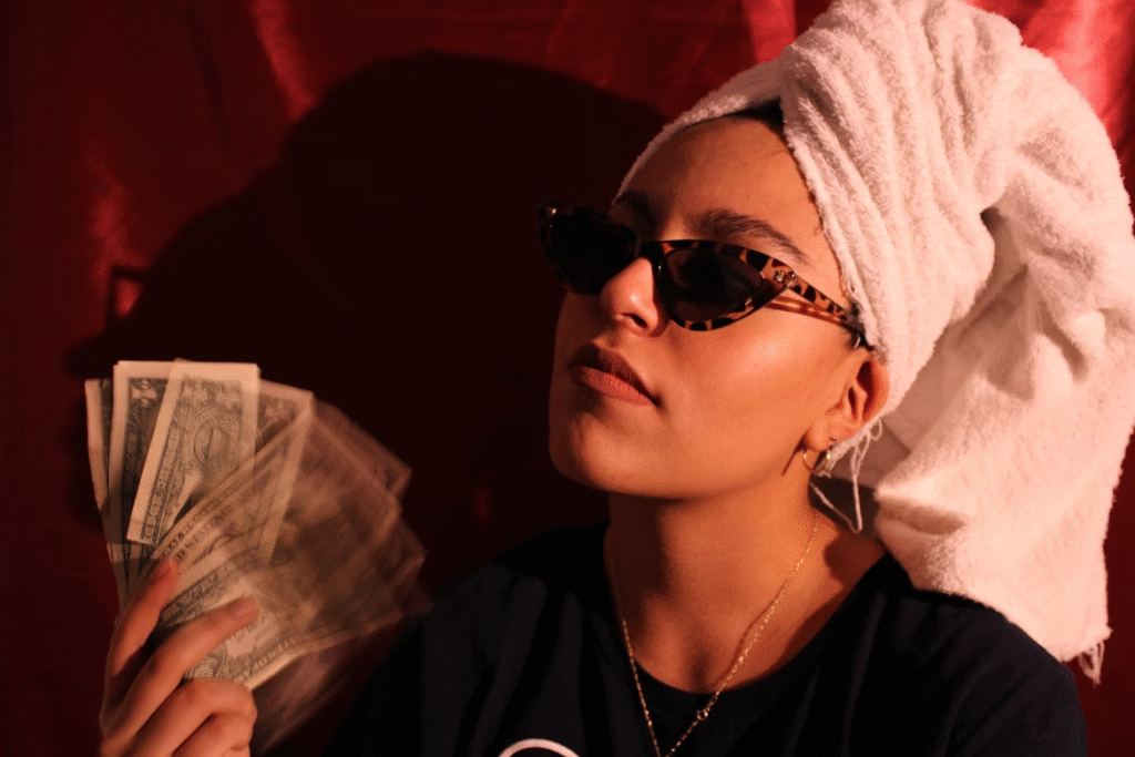 a woman with a towel on her head holding cash
