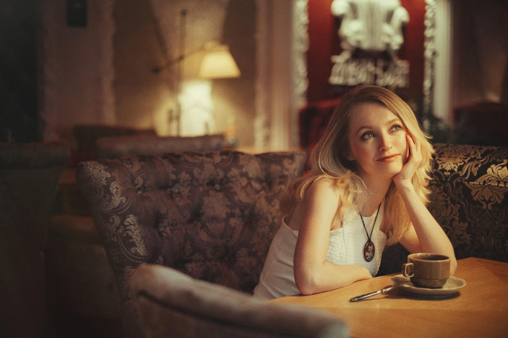 woman smile at table