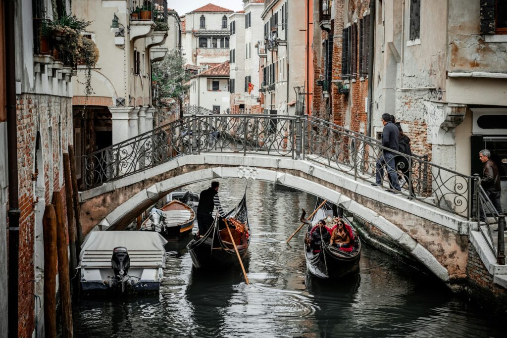 boats underneath bridge

