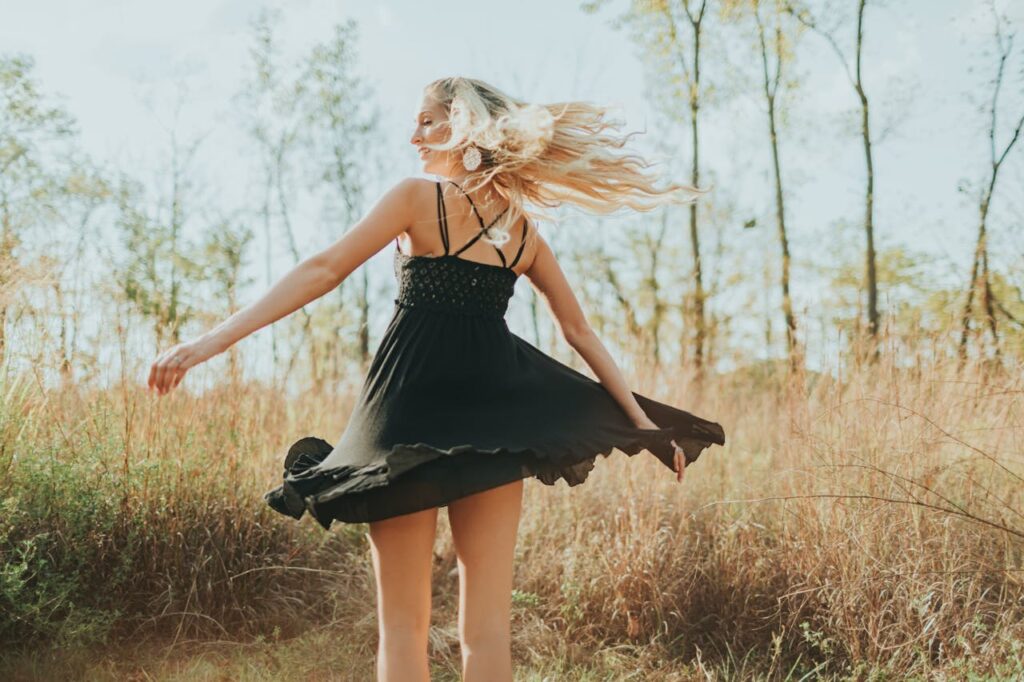 Back View Photo of Woman in Black Spaghetti Strap Dress Posing

