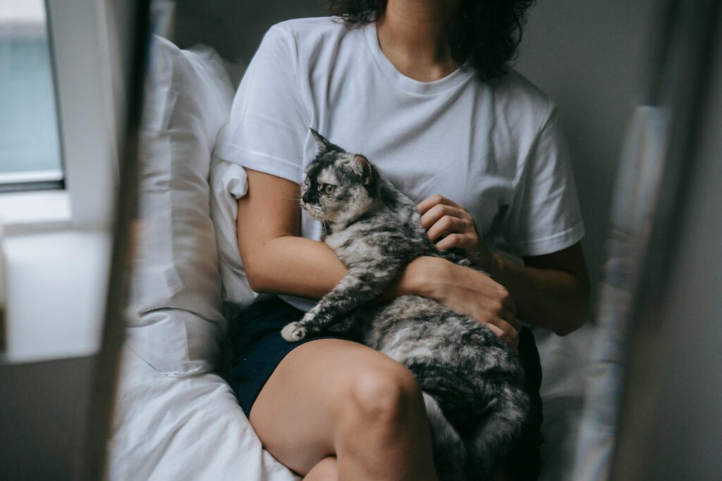 woman wearing a white shirt holding a cat 