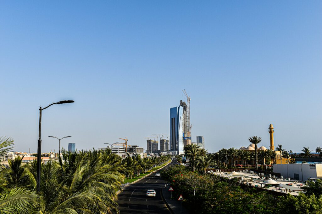 a city skyline with palm trees