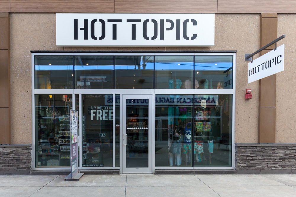 Niagara On the Lake, Canada- March 4, 2018: Hot Topic storefront in Outlet Collection at Niagara, an American retail chain specializing in counterculture related clothing, accessories and music.

