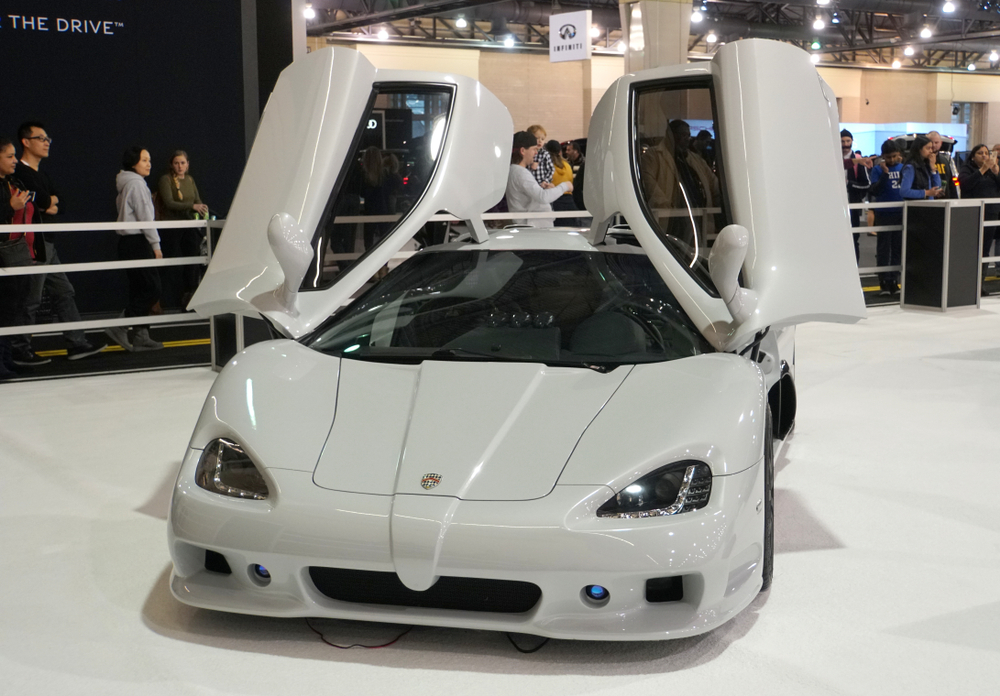 Philadelphia, Pennsylvania, U.S.A - February 10, 2019 - A white SSC Ultimate Aero luxury sports car
