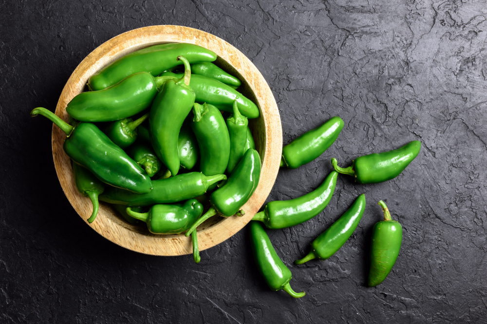 Green jalapeno hot pepper in wooden plate closeup. Food photography
