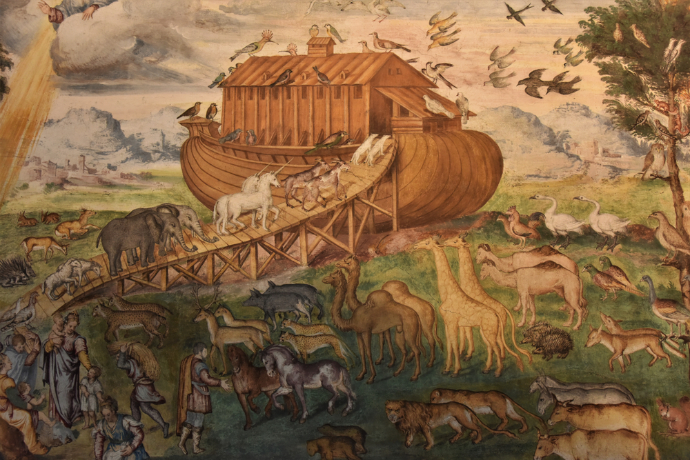 Milano, Italy - September 2, 2017: fresco by Aurelio Luini depicting Noah's Ark at the San Maurizio al Monastero Maggiore church with many kinds of animals boarding the wooden ship including unicorns