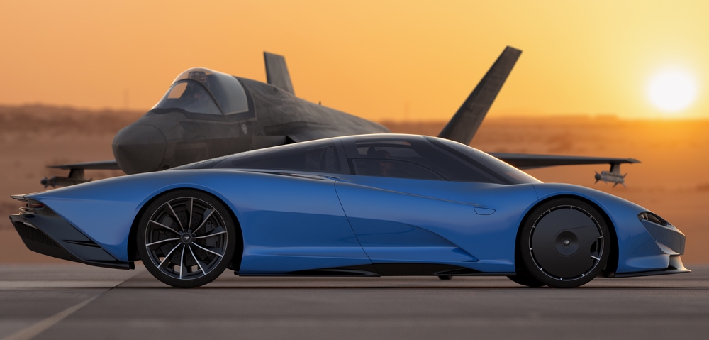 Szczecin,Poland-March 2022:McLaren Speedtail - Hybrid Hyper-GT on the background of a modern combat aircraft.3D Illustration.