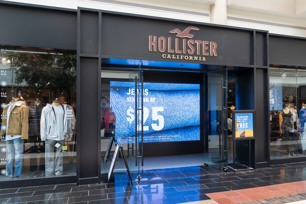 NY, USA - August 24, 2022: A Hollister store in a shopping mall. Hollister is a retail brand owned by Abercrombie and Fitch Co.
