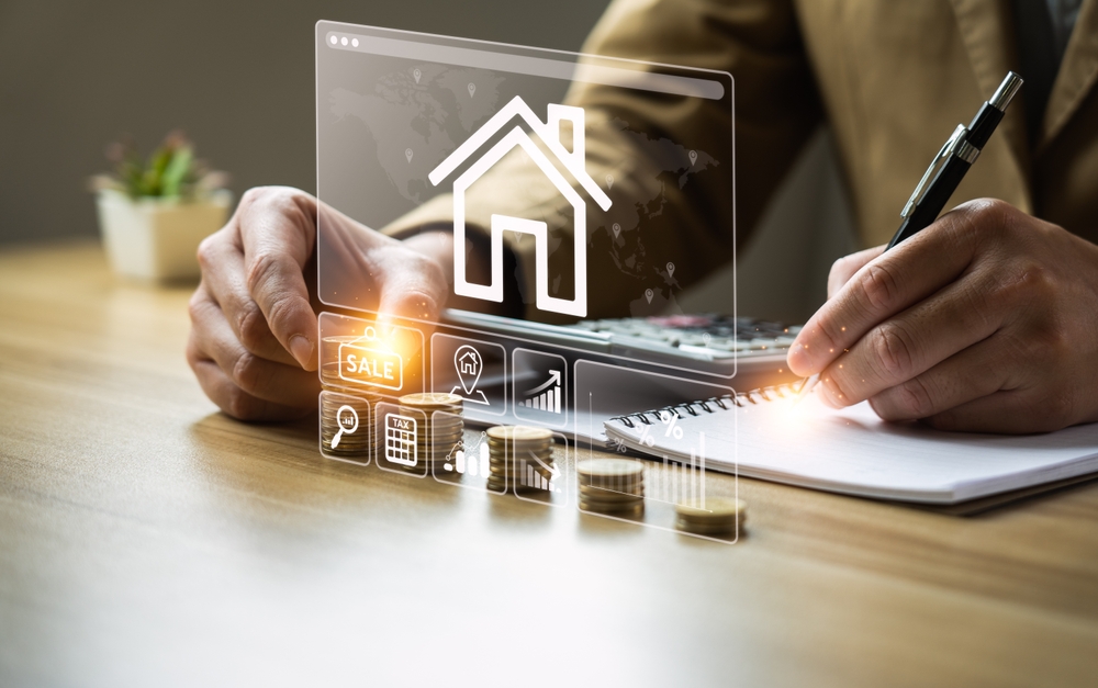real estate investment concept, buy house, location, energy efficiency rating and property value, Real estate online on virtual screens. home search, land price, property tax, real estate market
