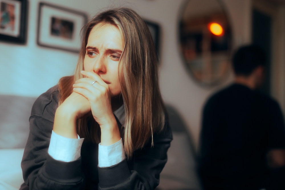 Sad Woman Fighting with her Partner Thinking about Separation. Unhappy couple breaking up after awful argument
