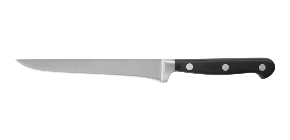 Stainless steel boning knife isolated on white background.