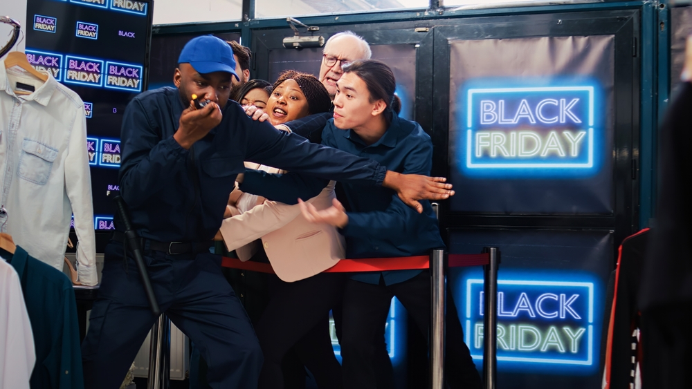 Black friday shoppers argue at entrance to catch promotional prices on clearance items, angry people eager to start shopping. Mall customers pushing security man, asking him to open store.
