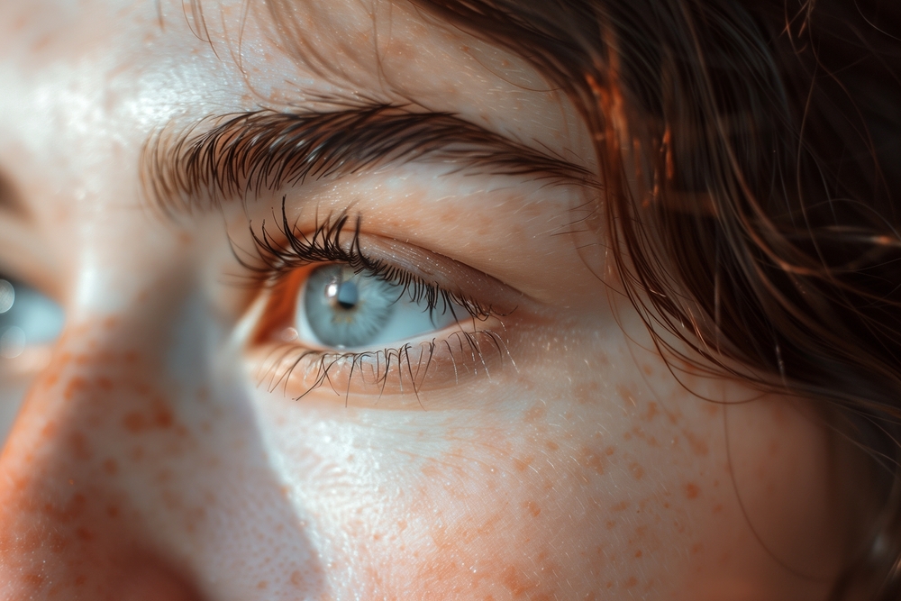 Close up woman eye photo. Caucasian female face eye macro nature beauty gray color iris and brown hair. Side look profile woman close portrait photo.