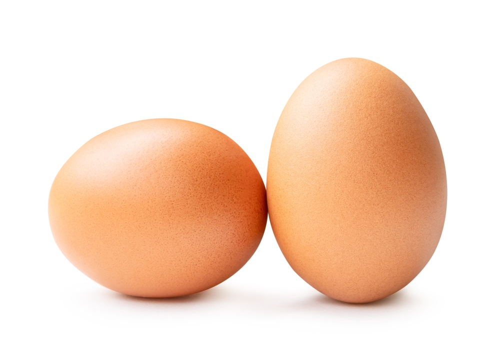 Front view of two brown chicken eggs is isolated on white background with clipping path.
