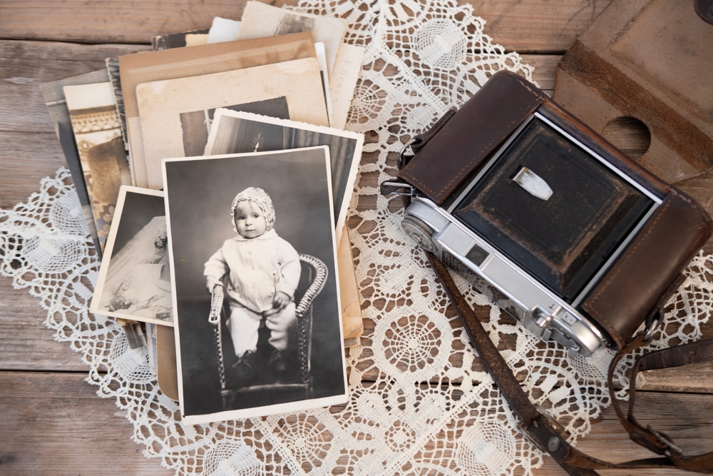 Antique black and white photo, children's vintage photographs 1960s - 1970s, home archive documents family tree, genealogy, memories, memory ancestors, nostalgia