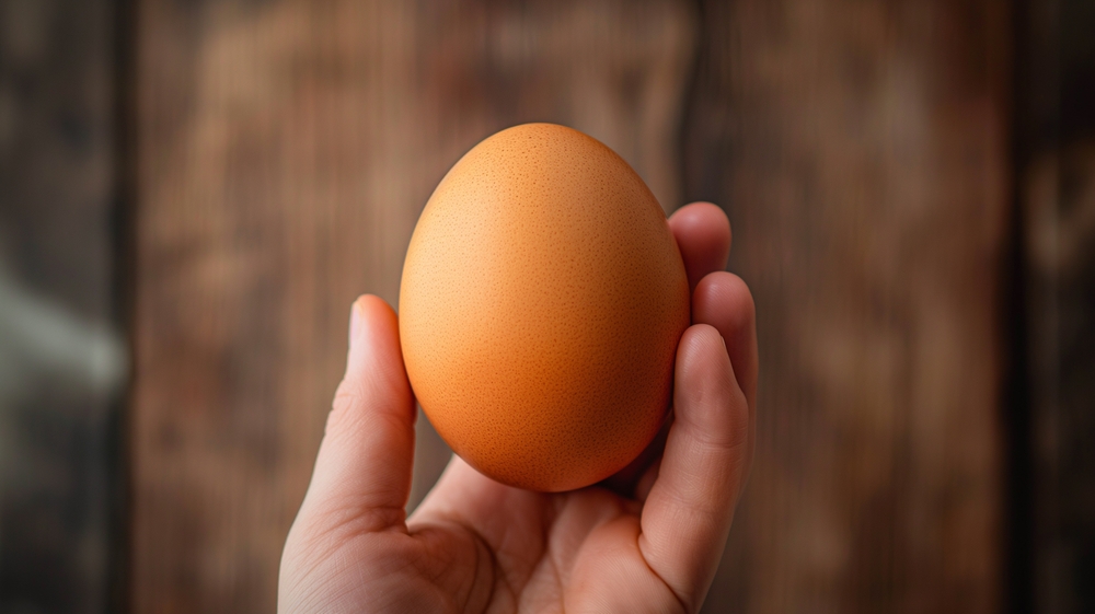 A person holding a brown egg in their hand against a rustic wooden background. The egg is smooth and oval-shaped, showcasing its natural color and texture.
