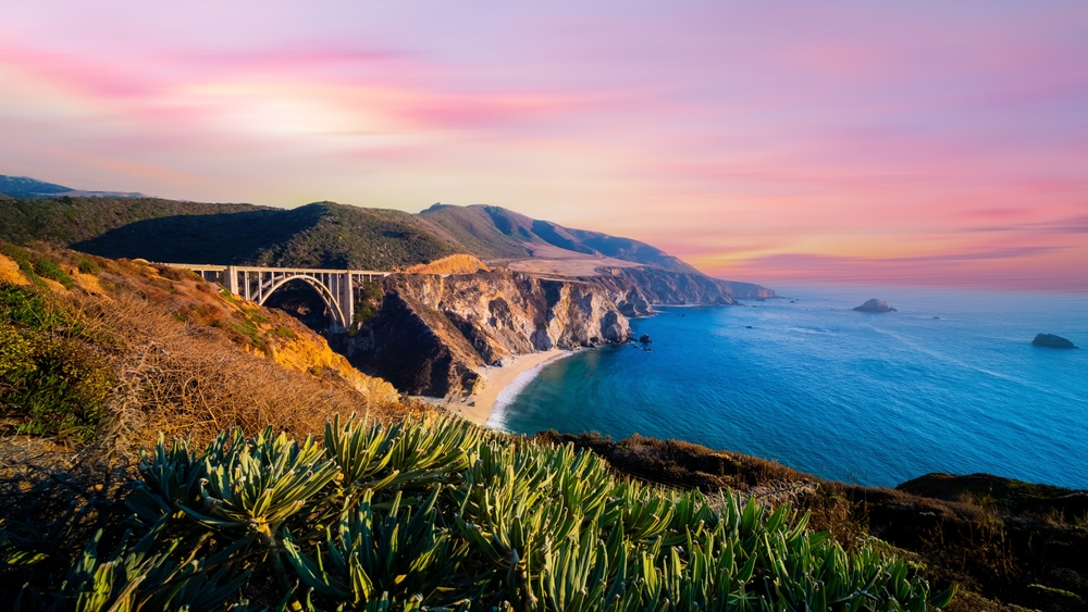 Bixby Bridge ,Rocky Creek Bridge and Pacific Coast Highway at sunset near Big Sur in California, USA
