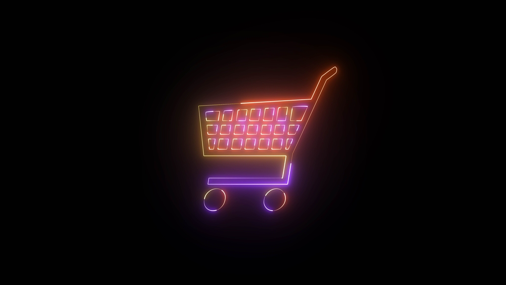 Neon shopping cart icon, colorful glowing supermarket trolley moving animation. Neon icon animation on black background.