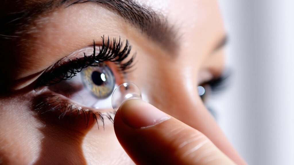 backlit with bright light, white background and realistic close up of applying a contact lens on finger to woman's eye
