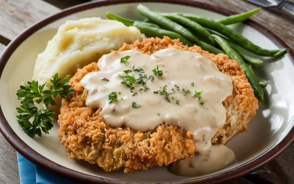 Chicken Fried Steak: Southern US dish of tenderized beef steak battered, fried golden, and smothered in creamy peppered gravy. Inspired by German schnitzel—served with mashed potatoes.