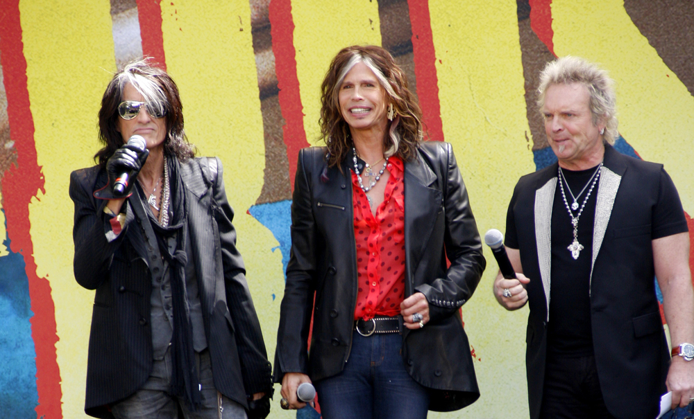 Steven Tyler, Joey Kramer, Joe Perry and Tom Hamilton of Aerosmith at the Aerosmith "The Global Warming" Tour Press Conference held at the Grove in Los Angeles, USA on March 28, 2012.