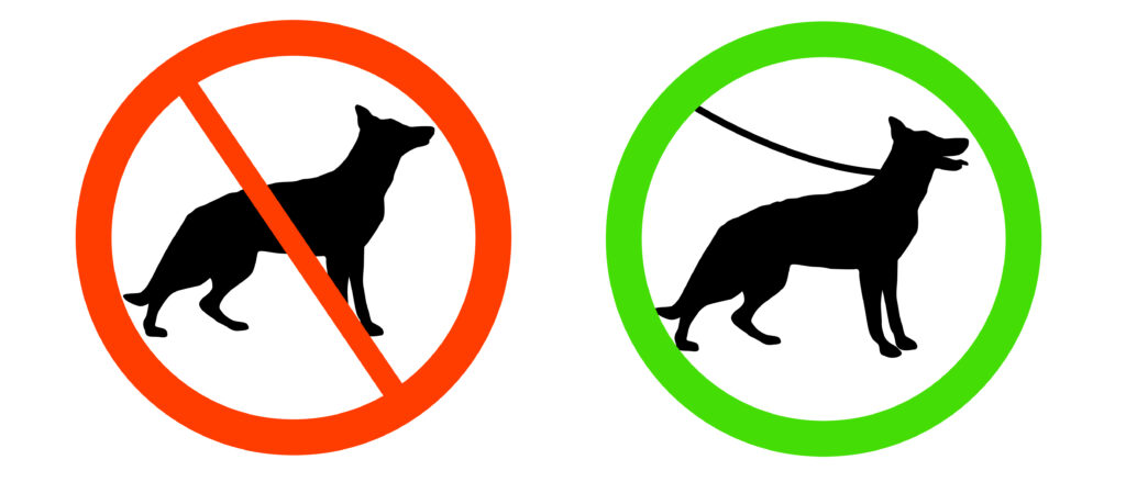 Two vector isolated dog signs - no dogs sign and dogs on leash free entry. Each sign is isolated on it's own so you can use just one of them if you want.
