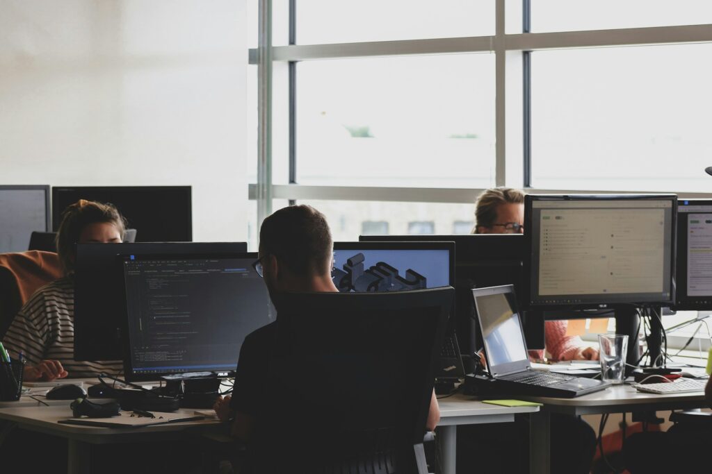 people sitting on chair in front of computer monitor
