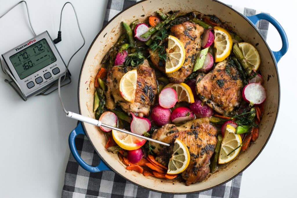 cooked food on blue and white ceramic bowl
