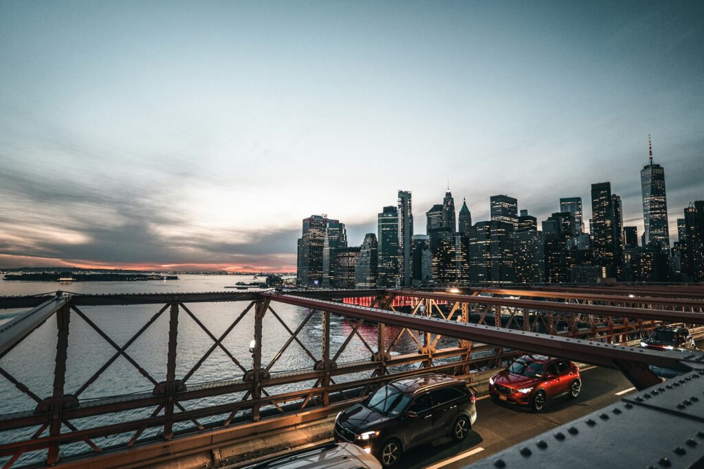 a view of a city skyline from a bridge