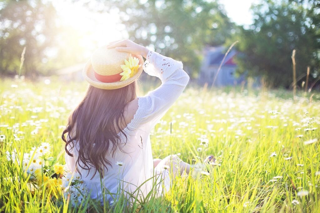 Woman, Field, Sunlight