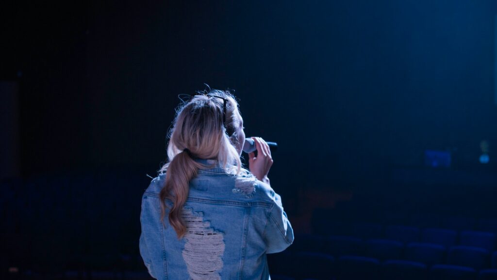 woman in blue denim jacket

