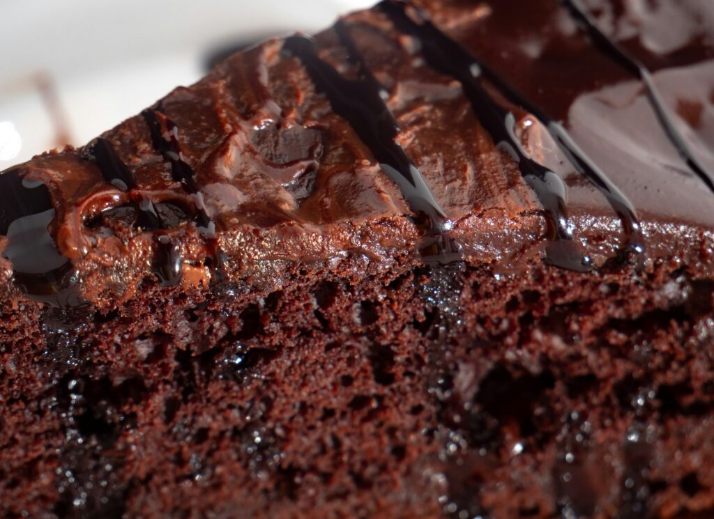 a close up of a piece of chocolate cake
