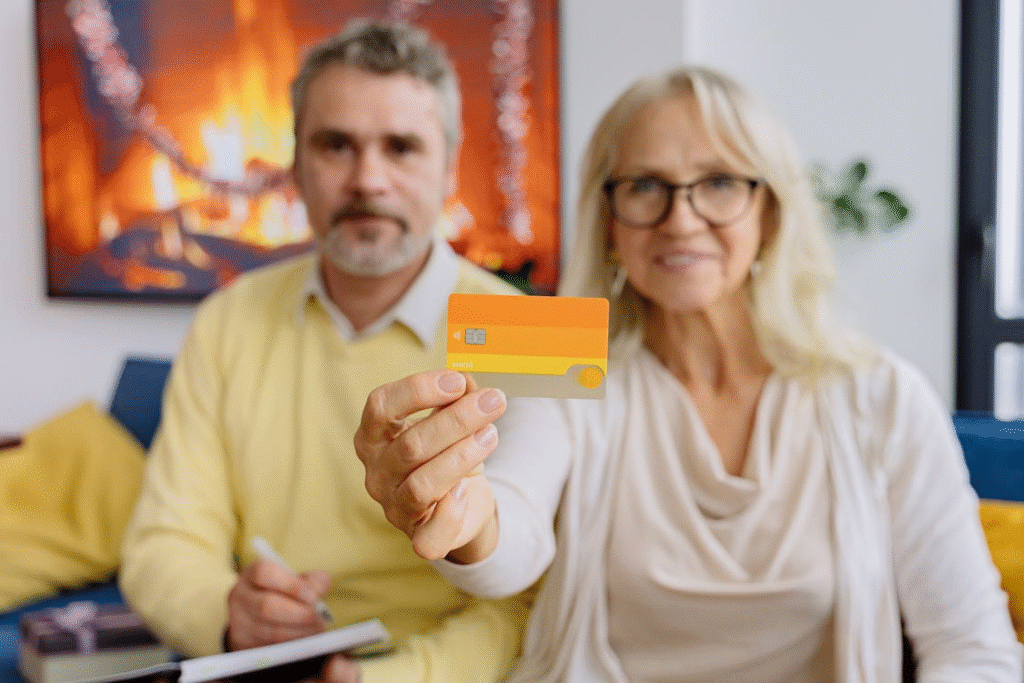 An Elderly Woman Holding a loyalty Card Beside an Elderly Man