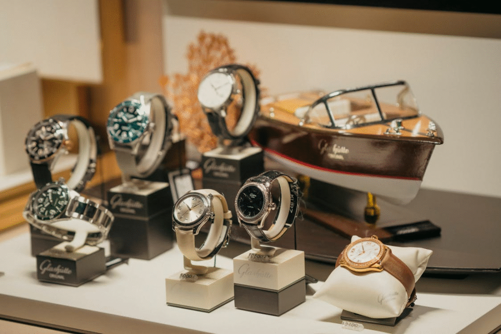 Elegant Display of Luxury Watches in Retail Setting