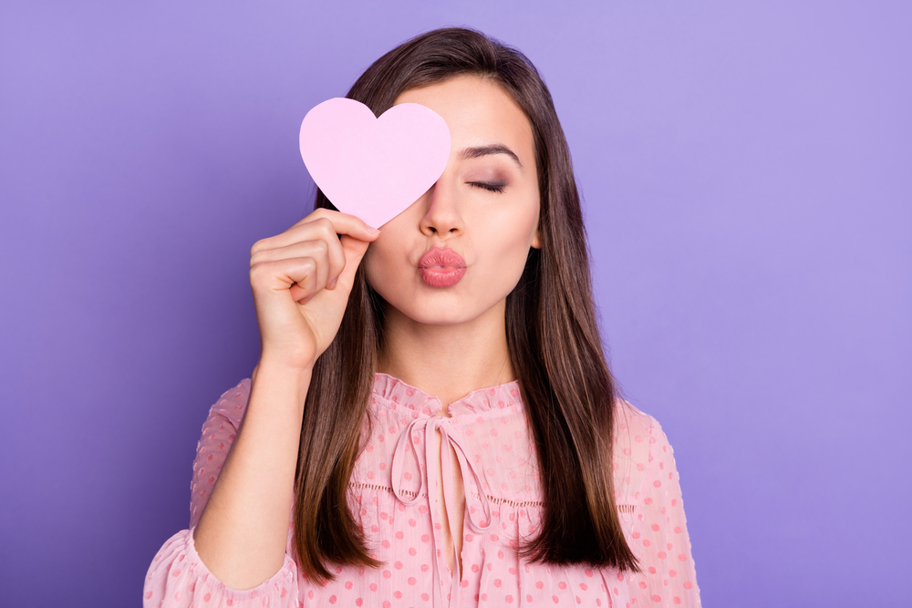 Portrait of charming lady closed eyes heart postcard invitation kiss wear vintage isolated on violet color background