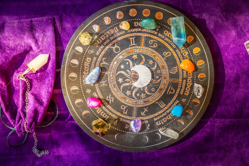 Gemstones for zodiac signes, minerals over life flower chart. Magic healing Rock for Reiki Crystal Ritual, Witchcraft, spiritual esoteric practice