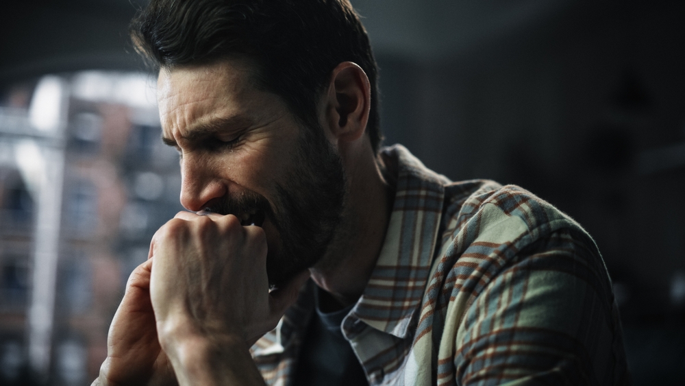 Portrait of Emotional Man Crying, Stressed, Having Mental Problems, Dealing with Death in the Family, Loneliness. Male Suffering from Depression, anxiety or other Treatable Disorders