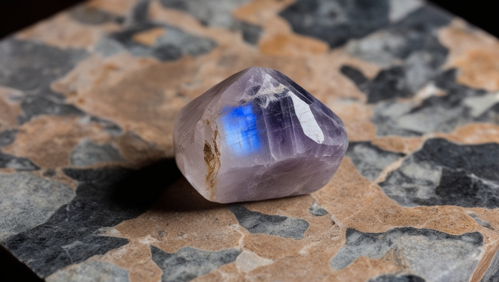 Close-up macro photography of a rough moonstone crystal, highlighting its organic surface and glowing translucence in captivating detail.